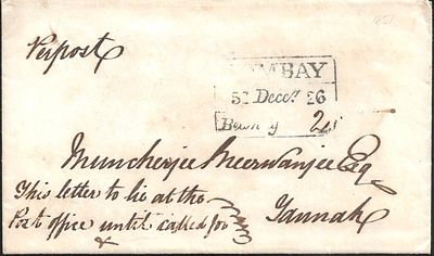 Bombay Bearing 2 annas rate to Tannah. fine entire from 1852 with strike of Giles#20. “To be 