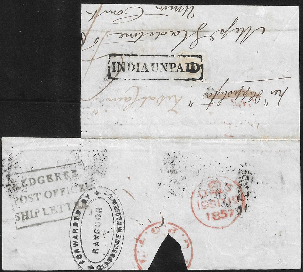 Kedgeree Post Office Ship Letter along with India Unpaid postmark. on large piece.