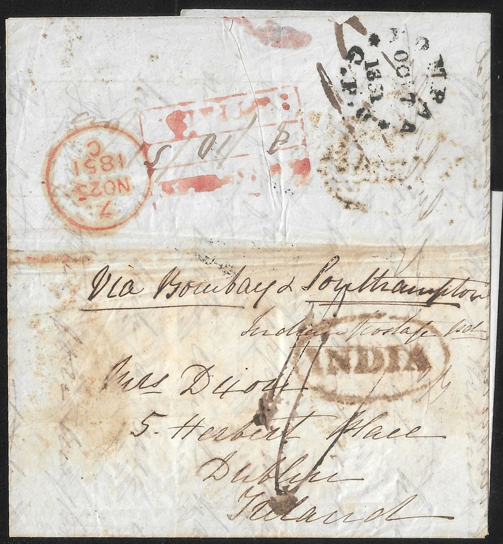 Kussowlee Post Paid 1851. smudged strike of Giles#1 on entire to Dublin.