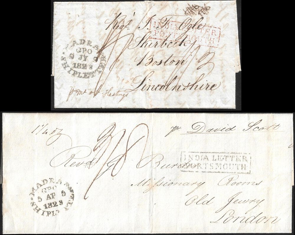 Madras Ship Letter 1823 two entire to England. with India Letter Portsmouth in red and black. 