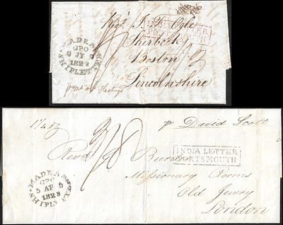 Madras Ship Letter 1823 two entire to England. with India Letter Portsmouth in red and black. 