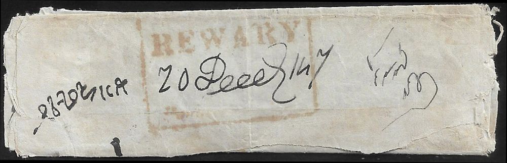 Rewary Paid 20 Dec 1847. part entire with rare strike that is unrecorded by Giles.