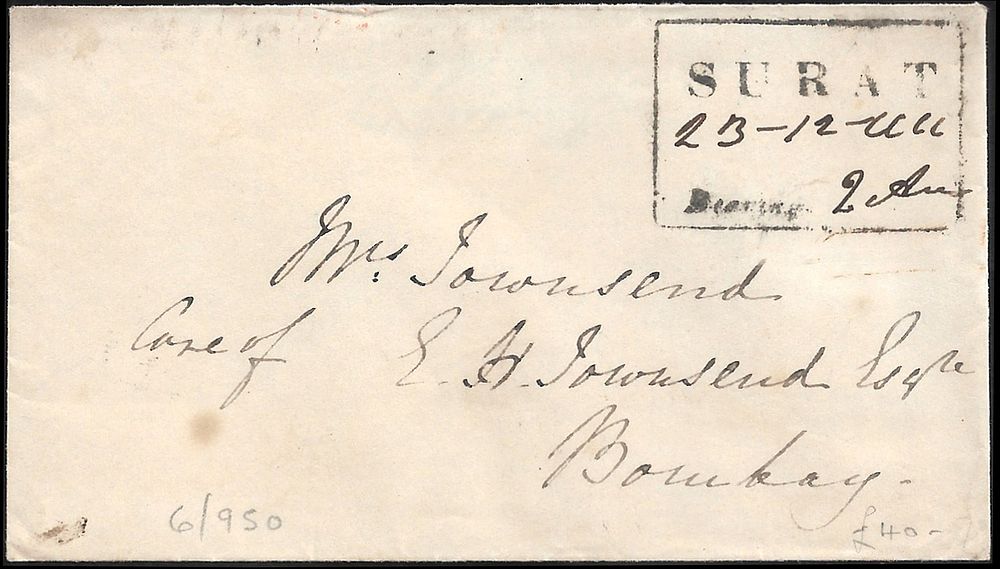 Surat Bearing 2 annas 1844. superb cover with clear strike of Surat Bearing Giles#4. Magnificent.