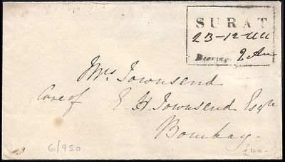 Surat Bearing 2 annas 1844. superb cover with clear strike of Surat Bearing Giles#4. Magnificent.