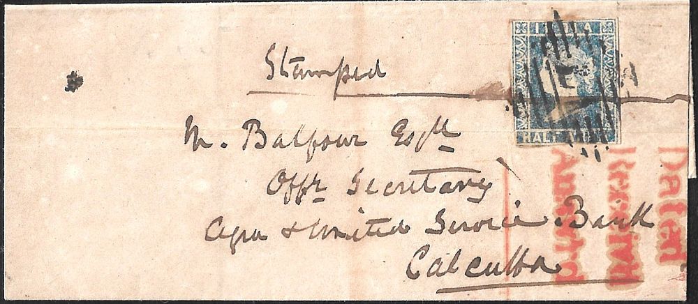 Half anna on entire from Allahabad Cantonment to Calcutta. half anna tied by Type 5/17 of 