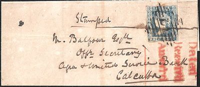 Half anna on entire from Allahabad Cantonment to Calcutta. half anna tied by Type 5/17 of 