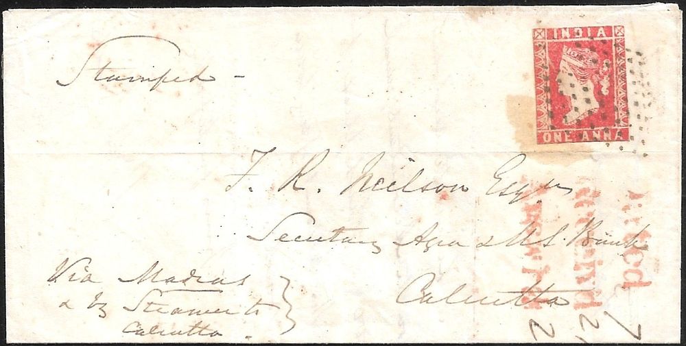 One anna cover Ootacamund to Calcutta. exhibit quality cover of 1855 with fine strikes of 