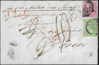 10 annas rated 1854 and East India franking rarity. two annas 1854 issue along with East India 8 