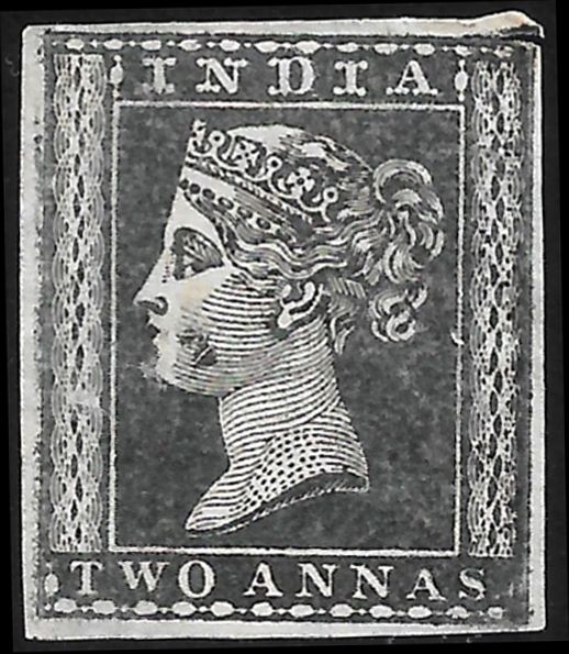 Two annas Proof in black most likely a colour trial. minor cut at upper right does not detract 