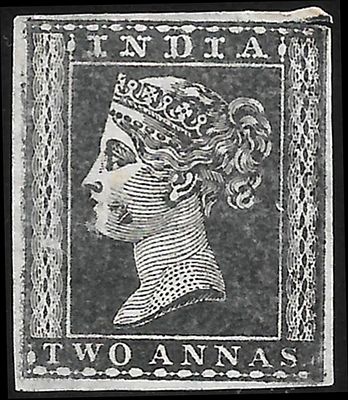 Two annas Proof in black most likely a colour trial. minor cut at upper right does not detract 