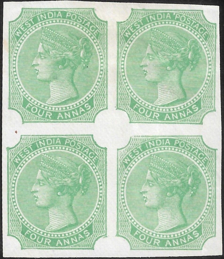 West India Essay Green colour block of 4. one of the scarcest colours of these essays. Fine mint 