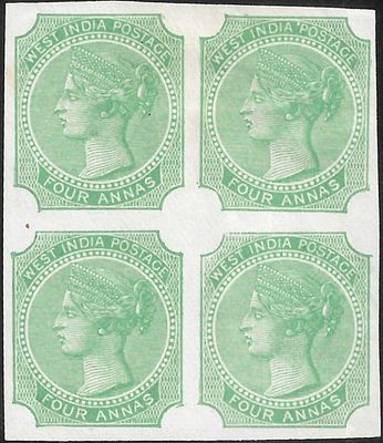 West India Essay Green colour block of 4. one of the scarcest colours of these essays. Fine mint 
