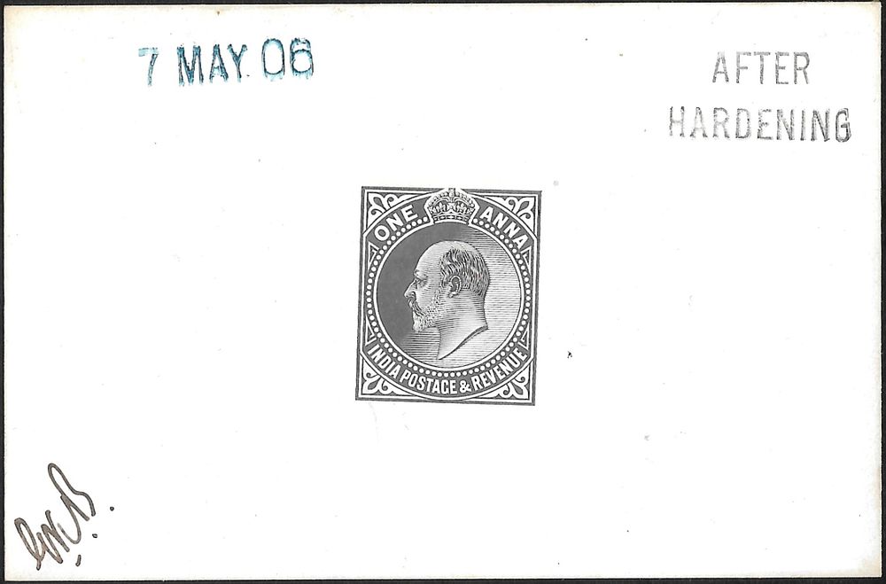 KEVII Postage and Revenue issue Die Card. later 1 anna issue of KEVII. Initialled and dated 19 