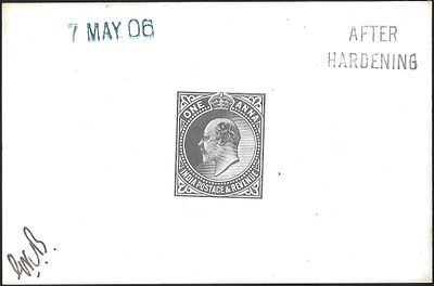 KEVII Postage and Revenue issue Die Card. later 1 anna issue of KEVII. Initialled and dated 19 