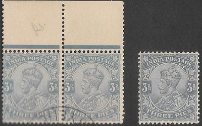 3 pies Bluish Grey and Slate with R or Rupee flaw. SG#154a in mint and used pair in unrecorded shade.