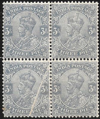 KGV 3 pies pre-printing crease error. single star watermark issue. Scarce error in block of 4 