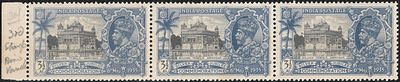 KGV Bird on Parapet variety in mint strip of 3. with part toned gum. Superb marginal strip.