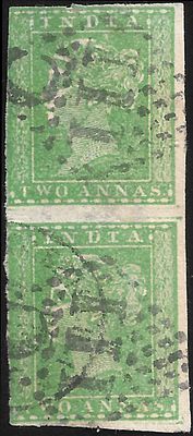 Two annas pair India Used in Pondicherry. vertical pair of two annas touching at right but 