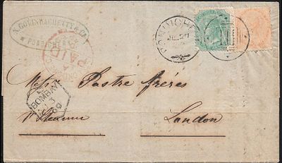 Pondicherry 6 annas rated cover to London. both stamps tied by Type 9/111 of Pondicherry. 