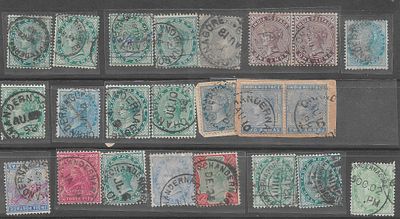 India Used in Chandernagore French Settlement. lot of 39 stamps individually and in multiples 