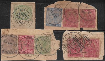 India Used in Mahe and Karikal French Settlements. one PC and 6 stamps used from Mahe and 3 from 