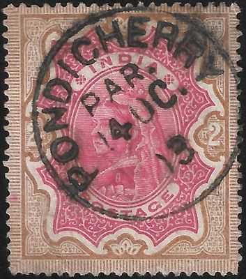 Pondicherry Parcel cancellation on QV high value Rs. 2. superb strike.