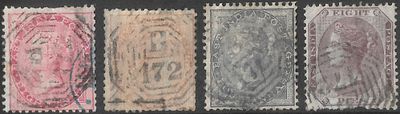 India Used in Singapore 4 East India stamps. each cancelled by Type 7/B/172. Fine lot at very 