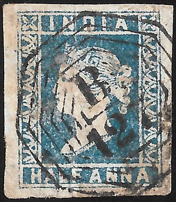 India Used in Moulmein Burma. half anna deep blue Die I cancelled by Bengal Type 7/B/127 of 