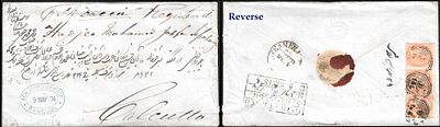 Rangoon 6 annas rated cover to Calcutta. 1874 usage. Stamps tied by Type 7/B/156. Paper 