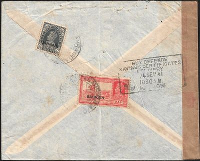Bahrain 1941 censored cover to India. mailed to Karachi.