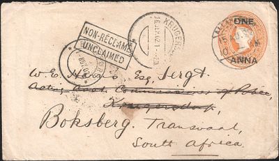 2a6p stationery envelope to South Africa DLO. 1903 usage with DLO and transit postmarks. Scarce.