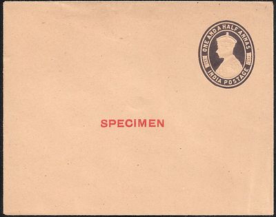 KGV 1.5 anna envelope Specimen. superb mint example with red Specimen overprint.