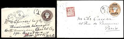 QV 2 postage due envelopes. both with odd nick and pinhole. Very fine pair.