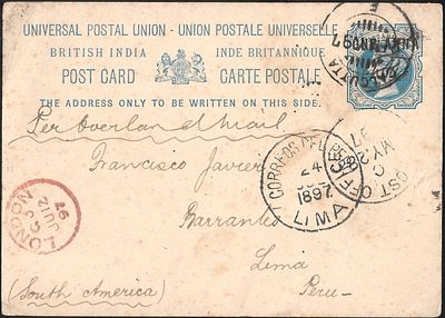 QV postcard to Lima Peru 1897. odd blemishes only. Extremely rare destination for Indian mail.