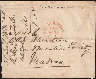 Service envelope forerunner. posted in Madras and sent locally. Superb Madras Suburban postmark 