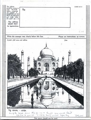 Hand sketched Taj Mahal on 3 annas airgraph. remarkable sketch on the reverse of the airgraph 