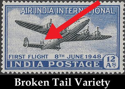 Air India 1948 Broken Tail constant variety. mint hinged with pencil notation on the reverse.