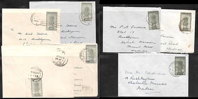 7 Covers each with 1.5 annas National Emblem issue usage. from the same correspondence. Fine lot.