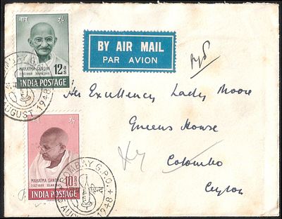 Mahatma Gandhi First Day Cover to Ceylon. all 4 stamps of the set tied by Bombay first day 