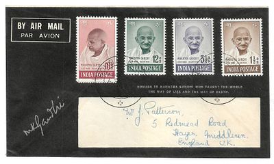 Gandhiji 1948 complete set used on Mourning cover. stamps tied by Bombay GPO 6 September 1948 