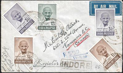 Mahatma Gandhi 4 stamps registered cover to Canada. from Indore. Very scarce destination.