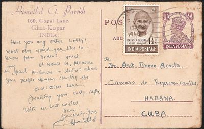 Mahatma Gandhi 1948 one value on KGVI postcard to Cuba. some ageing marks do not detract, rare 