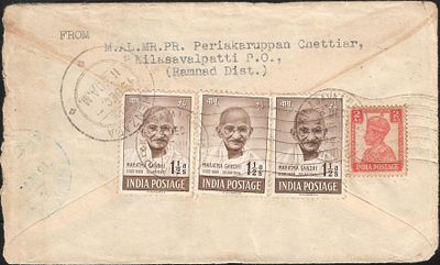 Gandhiji on cover to Henzada Burma 1948. strip of 3 on reverse. Rare destination.