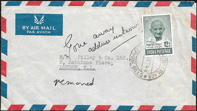 Gandhiji 12 annas used Delhi to London. stamp tied by scarce Connaught Place/Telephone Bills 