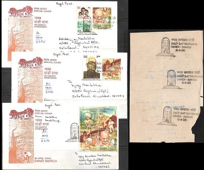 Mahatma Gandhi 3 special covers 1997. of the march and special postmark issued from Dandi, with 