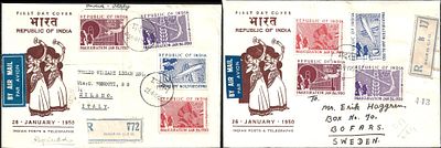 Republic 1950 complete set 2 FDCs Madras to Sweden and Italy. both sent registered. Scarce 