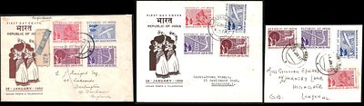 Republic 1950 3 different FDCs. two on official FDC and 1 on plain envelope. Stamps cancelled by 