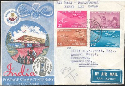 Stamp Centenary 1954 official FDC to Australia. set of 4 with Madras first day postmark.