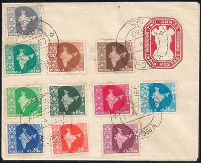 Map Poona origin FDC on postal stationery. all 11 values tied by Poona day of issue cds. FDCs 