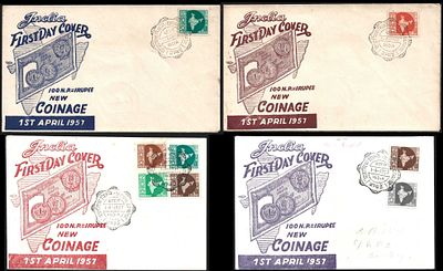 Map Coins & Banknotes 4 different Private FDCs. all in 4 different colour cachets, also 